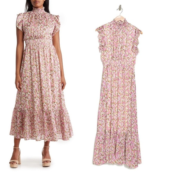 MELLODAY Dresses & Skirts - Melloday Floral Pink Ruffle Tiered Maxi Dress Smocked Victorian Coquette Ditsy L
